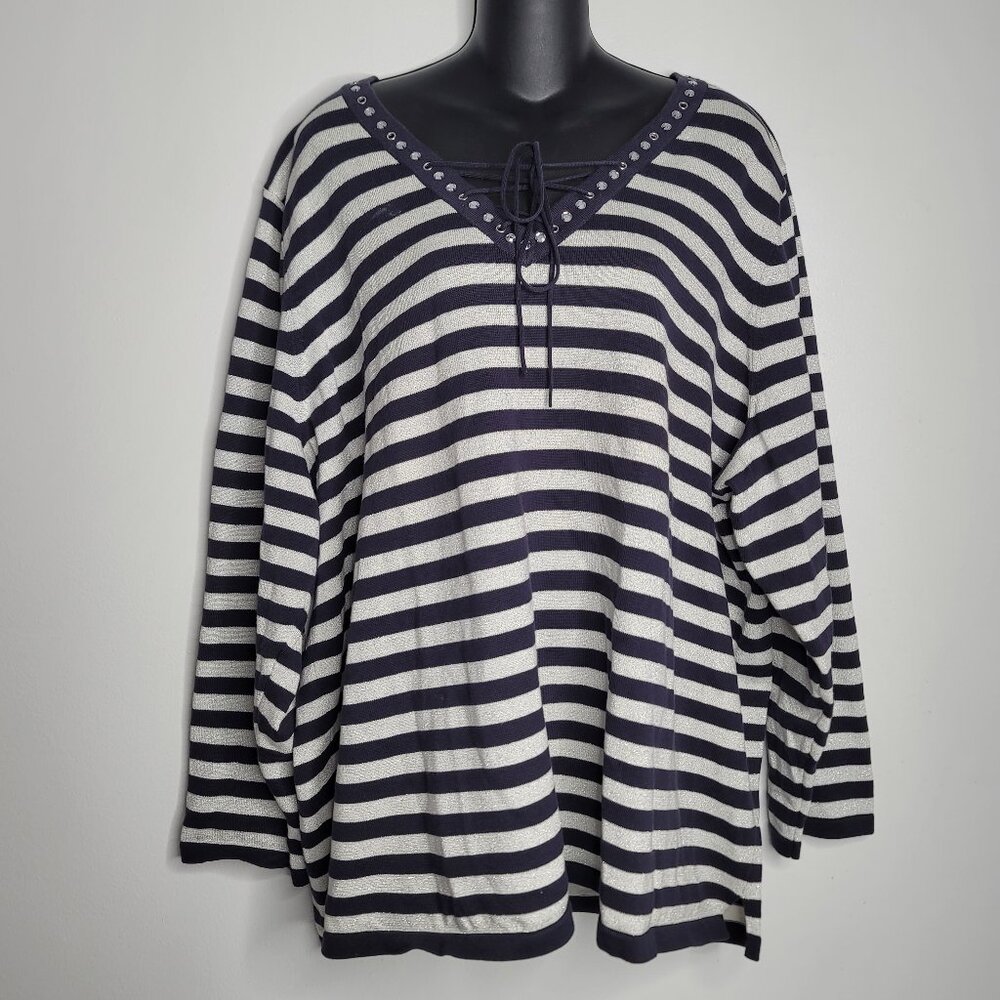 Quacker Factory Womens‎ Top Size 3X Blue Navy Sparkle White Striped Long Sleeves